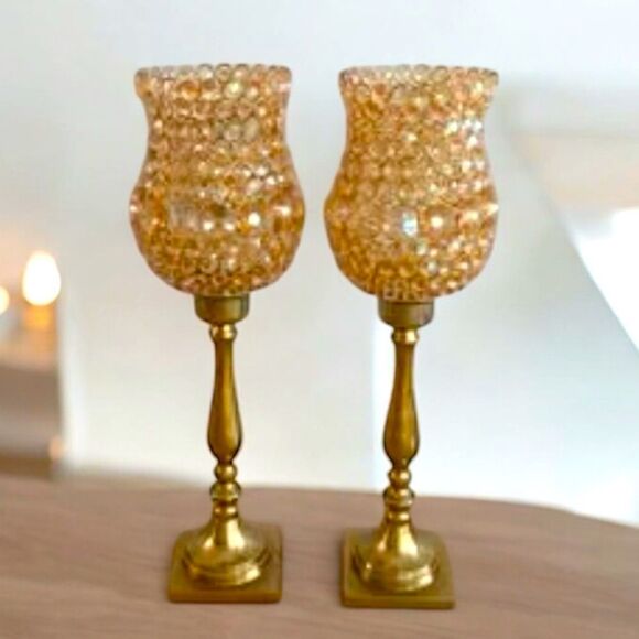 Homegoods Two Gold Crystal Metal Tealight Candleholders Centerpieces Decor - Picture 1 of 5